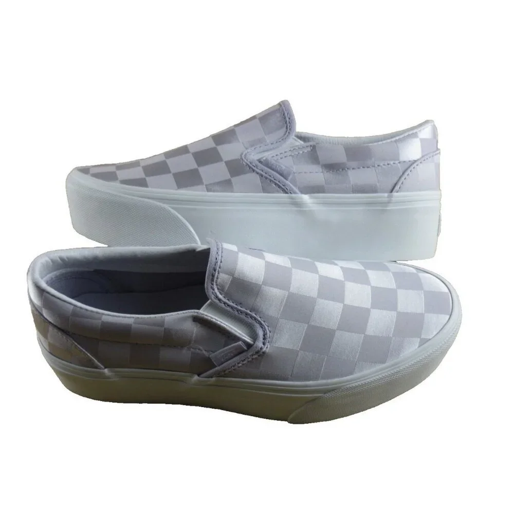 Vans Women's Classic Slip On Stackform Satin Check Lilac Platform Shoes Sizes